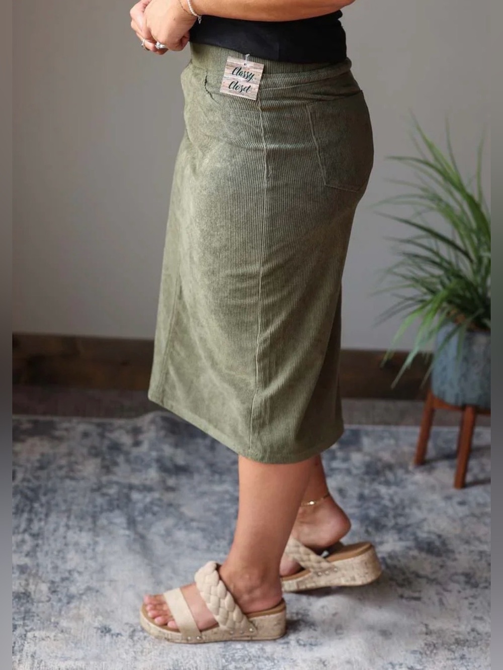 BE Girl Moss Olive Green Women's Corduroy pencil Skirt Elastic Waist size Xl - Picture 9 of 10